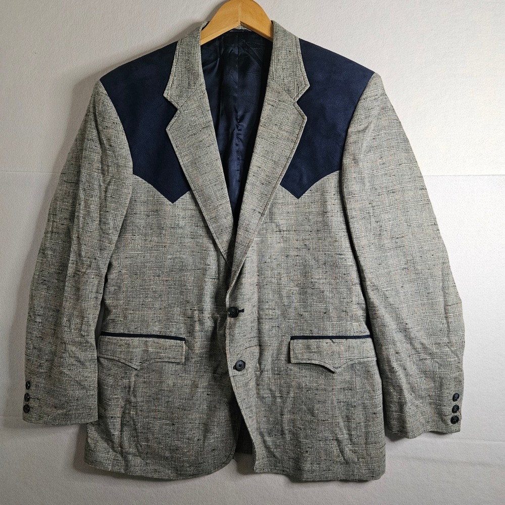 Circle S Mens Western Blazer 42R Grey Glen Plaid Navy Suede Yoke Sport Coat USA